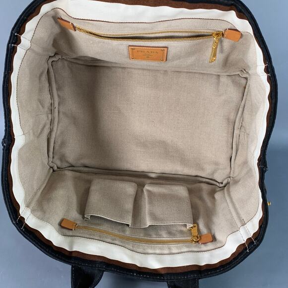 PRADA Canapa Brown Black White Stripe Canvas Open Top Tote Handbag - Picture 7 of 14